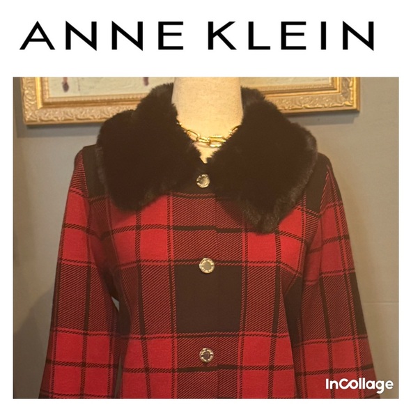 Anne Klein Red and Black Plaid Sweater Coat with Faux Fur Collar - Picture 1 of 8